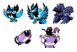 bird corviknight corvisquire creature evolutionary_line full_body gen_8_pokemon nintendo no_humans pat_attackerman pixel_art pokemon pokemon_(creature) pokemon_swsh polteageist rookidee simple_background sinistea sprite white_background