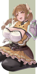 Rule 34 | 1girl, arm under breasts, black corset, braid, braided ponytail, breasts, brown hair, cleavage, corset, fire emblem, fire emblem engage, gloves, goldmary (fire emblem), hair ribbon, hatoboshi, highres, hooded top, kneeling, large breasts, long hair, low ponytail, nintendo, pantyhose, ponytail, ribbon, side ponytail, single shoulder pad, skirt, solo, white ribbon, yellow eyes, yellow skirt