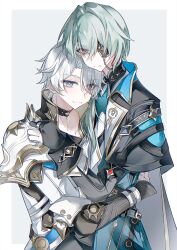 2boys anaxa_(honkai:_star_rail) armor blue_eyes closed_mouth coat eyepatch highres honkai:_star_rail honkai_(series) hug looking_at_viewer male_focus medium_hair multiple_boys one_eye_covered phainon_(honkai:_star_rail) short_hair shoulder_armor side_ponytail smile thorn72132528 upper_body white_coat yellow_pupils