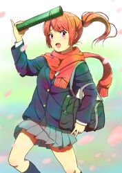 1girl bag blazer commentary_request diploma_tube falling_petals highres jacket long_hair long_sleeves looking_at_viewer necktie open_mouth orange_hair original petals pink_eyes pleated_skirt ponytail scarf school_bag school_uniform skirt smile socks solo v you_(maumauyo)