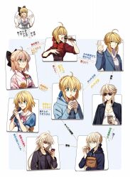 6+girls ahoge artoria_pendragon_(fate) artoria_pendragon_(lancer)_(fate) artoria_pendragon_(lancer_alter)_(fate) black_bow blonde_hair blue_eyes bow breasts cleavage coffee dress eating fate/grand_order fate_(series) green_eyes hair_bow highres jacket japanese_clothes jeanne_d&#039;arc_(fate) jeanne_d&#039;arc_alter_(fate) kimono long_hair long_sleeves medium_hair multiple_girls music nero_claudius_(fate) okita_souji_(fate) okita_souji_(koha-ace) open_mouth phone ponytail saber_lily short_sleeves singing smile sunglasses yellow_eyes zerocastle