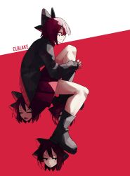 1girl artist_name black_shirt boots closed_mouth commentary corporalblake disembodied_head english_text from_side full_body highres multiple_heads red_background red_eyes red_hair red_skirt sekibanki shirt short_hair skirt touhou two-tone_background white_background