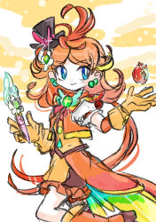 Rule 34 | 1girl, absurdres, blue eyes, boots, bright pupils, brooch, closed mouth, commentary request, cosplay, cure wing, cure wing (cosplay), earrings, floating, floating object, flower, gloves, hair flower, hair ornament, hat, highres, hirogaru sky! precure, jewelry, leg up, long hair, looking to the side, mario (series), mini hat, mini top hat, nintendo, orange boots, orange gloves, orange hair, precure, princess daisy, rakugaki shitagari-ya, short sleeves, solo, top hat, two-tone background, white background, white pupils, yellow background