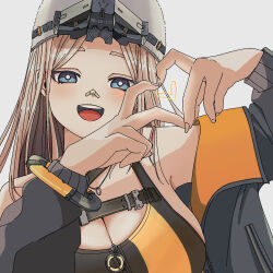 1girl :d bandaid bandaid_on_face bandaid_on_nose black_jacket black_tank_top blonde_hair blue_eyes breasts centi_(nikke) cleavage commentary cosmos_34 four-finger_heart_hands goddess_of_victory:_nikke hands_up hard_hat hat heart heart_hands helmet highres jacket large_breasts long_hair long_sleeves looking_at_viewer off_shoulder open_clothes open_jacket open_mouth orange_tank_top portrait simple_background smile solo tank_top teeth two-sided_fabric two-sided_jacket two-tone_tank_top upper_teeth_only white_background white_hat