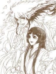 1boy 1girl blunt_bangs blush commentary_request falling_petals greyscale hair_up japanese_clothes kaoru. kimono long_hair monochrome nura_rikuo nurarihyon_no_mago parted_lips petals sidelocks smile upper_body yuki_onna_(nurarihyon_no_mago)