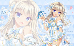 1girl :d ambitious_mission arisue_tsukasa back_bow bare_shoulders blonde_hair blue_background blue_bow blue_bowtie blue_eyes blush bow bowtie box breasts center_frills character_name cleavage cleavage_cutout clothing_cutout colored_eyelashes cowboy_shot dark-skinned_female dark_skin double_bun dress drop_shadow earrings eyelashes fingernails floating_hair frilled_dress frilled_thighhighs frills fur_cuffs gift gift_box hair_between_eyes hair_bow hair_bun hand_up happy happy_white_day head_tilt heart heart-shaped_ornament high_heels highres holding holding_gift hongou_nijimu jewelry lolita_fashion long_hair looking_at_viewer medium_breasts no_bra official_art official_wallpaper open_mouth simple_background sleeveless sleeveless_dress smile solo standing standing_on_one_leg stud_earrings thighhighs two-tone_background two_side_up white_background white_dress white_thighhighs white_wrist_cuffs wrist_cuffs zoom_layer