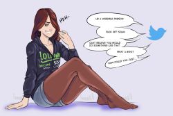 1girl breasts cleavage denim denim_shorts gmun highres laughing pantyhose shorts simple_background smug smug_legend speech_bubble thighs twitter