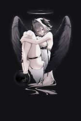 1girl absurdly_long_hair armpits ball_and_chain_restraint bare_legs barefoot black_background black_wings breasts double-parted_bangs dress feathered_wings feet fetal_position floating grey_hair grey_halo hair_between_eyes hair_intakes halo head_wings highres huge_breasts hugging_own_legs indie_virtual_youtuber knees_up kumo_tabetai large_breasts legs long_hair long_legs looking_at_viewer open_mouth purple_eyes richamu second-party_source sleeveless sleeveless_dress smile solo thigh_strap toenails toes torn_clothes torn_dress very_long_hair virtual_youtuber wings