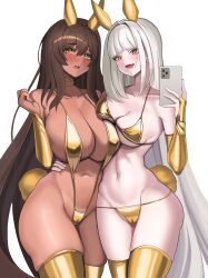 2girls absurdres animal_ears asymmetrical_docking bikini blanc_(nikke) blush breast_press breasts brown_hair cameltoe dark-skinned_female dark_skin elbow_gloves gloves goddess_of_victory:_nikke gold_bikini gold_choker gold_gloves gold_thighhighs grey_hair highres holding holding_phone large_breasts looking_at_viewer medium_breasts minji_(jimin10804) multiple_girls navel noir_(nikke) open_mouth phone rabbit_ears rabbit_tail selfie simple_background slingshot_swimsuit smile swimsuit tail white_background yellow_eyes