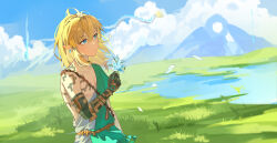 1boy absurdres bare_shoulders blonde_hair blue_eyes blue_flower bracelet chinese_commentary commentary_request day dragon earrings eastern_dragon flower gold grass greco-roman_clothes hair_between_eyes harutatsunoki highres holding holding_flower jewelry light_particles link looking_afar making-of_available male_focus medium_hair multiple_rings nintendo outdoors plant pointy_ears ring solo standing the_legend_of_zelda the_legend_of_zelda:_tears_of_the_kingdom wind