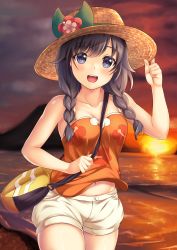 Rule 34 | 1girl, :d, absurdres, bag, bare arms, bare shoulders, beach, between breasts, black hair, blue eyes, blush, braid, breasts, cleavage, collarbone, cowboy shot, female focus, flower, hat, hat tip, highres, looking at viewer, medium breasts, navel, nintendo, ocean, open mouth, outdoors, pokemon, pokemon usum, selene (pokemon), short shorts, shorts, sky, smile, solo, strap between breasts, sun, sun hat, sunset, swept bangs, tank top, twin braids, white shorts, yuririn poi