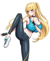1girl artist_name black_choker black_gloves black_pants blonde_hair blue_eyes blue_sports_bra breast_press breasts choker cleavage clenched_hands collarbone commentary_request crop_top fingerless_gloves gloves highres huge_breasts leg_up lina_(michihasu) long_hair long_legs michihasu midriff navel original pants simple_background solo sports_bra standing standing_on_one_leg v-neck white_background yoga_pants