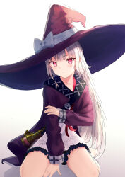 1girl absurdres bow coat dress hat hat_bow highres holding_own_arm kneeling large_hat layered_dress long_hair long_sleeves looking_at_viewer red_coat red_eyes red_hat revived_witch simple_background solo white_background white_bow white_dress white_hair witch witch_(revived_witch) witch_hat yaminava