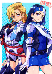 2girls belt beth_(megami_tensei) black_gloves blonde_hair blue_background blue_dress blue_eyes blue_hair blue_headband blue_neckerchief breasts cape cleavage cross dress earrings garter_straps gloves hand_on_own_hip headband highres hiroko_(megami_tensei) holding holding_whip jewelry leotard lipstick looking_at_viewer makeup medium_hair multiple_girls neckerchief red_gloves red_lips red_rope rope saika_(pixiv43370196) shin_megami_tensei shin_megami_tensei_ii short_dress whip white_background white_gloves