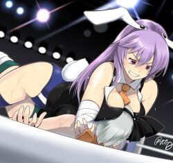 2girls animal_ears ascot bandages black_gloves black_hairband black_ribbon black_vest blue_leotard boxing_ring breast_smother breasts catfight cleavage commission face_to_breasts fake_animal_ears fingerless_gloves gloves green_leotard grey_hair grin hairband hanabusa_(xztr3448) highres konpaku_youmu large_breasts leotard long_hair lying multiple_girls orange_gloves pixiv_commission purple_hair rabbit_ears rabbit_tail red_eyes reisen_udongein_inaba revision ribbon short_hair sleeveless smile tail touhou touhou_tag_dream v-shaped_eyebrows very_long_hair vest white_hairband wrestling yellow_ascot