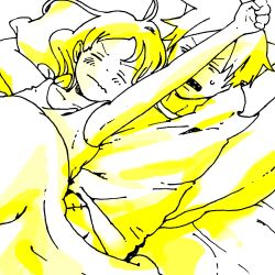 Rule 34 | 1boy, 1girl, 2018, alternate costume, highres, lying, lying on another, maka albarn, on back, pan ahoi, sleeping, soul eater, soul evans, sweat