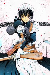 1girl bad_id bad_pixiv_id bandolier belt black_hair black_lagoon braid brown_eyes combat_maid drum_magazine female_focus gloves gun highres holster magazine_(weapon) maid moonsorrow rifle roberta_(black_lagoon) solo traditional_media twin_braids weapon