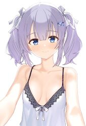 1girl alternate_costume amairo_islenauts armpit_crease backlighting bare_shoulders blue_eyes blue_hair blunt_bangs blush bow breasts breasts_apart butterfly_hair_ornament camisole closed_mouth collarbone commentary hair_between_eyes hair_bow hair_ornament hair_ribbon highres looking_at_viewer medium_hair ribbon shiraga_airi sidelocks simple_background small_breasts smile solo tft_(tft7822) tsurime twintails upper_body white_background white_bow white_camisole white_ribbon