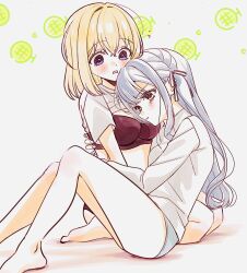 2girls bang_dream! bang_dream!_it&#039;s_mygo!!!!! barefoot black_ribbon blonde_hair blue_hair blue_panties blush bra ccc_cloudy closed_mouth clothes_lift food fruit hair_ribbon highres hug long_hair long_sleeves melon misumi_uika multiple_girls panties parted_lips purple_eyes red_bra ribbon shirt shirt_lift short_sleeves togawa_sakiko two_side_up underwear white_background white_shirt yellow_eyes yuri