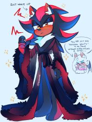 1boy 1girl animal_ears bat_ears black_coat black_fur body_fur claws closed_eyes closed_mouth coat full_body fur_trim furry furry_male ggoose_sonadow gloves looking_at_viewer male_focus red_eyes red_fur rouge_the_bat shadow_the_hedgehog simple_background sleepwear solo_focus sonic_(series) sparkle standing white_background white_fur white_gloves white_hair