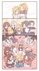 &gt;_&lt; 4girls 6+boys :d aerith_gainsborough angeal_hewley animal animal_on_head aqua_eyes armor barret_wallace beer_mug bird bird_on_hand black_bra black_coat black_hair black_skirt black_thighhighs black_wings blonde_hair blue_jacket blue_pants blue_shirt blush bottle box bra cait_sith_(final_fantasy) cat cat_on_head chibi chibi_only chocobo cid_highwind claudia_strife cloak closed_eyes cloud_strife coat crisis_core_final_fantasy_vii crown cup dark-skinned_male dark_skin dress falling_feathers feathered_wings feathers final_fantasy final_fantasy_vii final_fantasy_vii_ever_crisis final_fantasy_vii_rebirth final_fantasy_vii_remake flower flower_basket genesis_rhapsodos gift gift_box goggles goggles_on_head green_scarf grey_hair grin hair_flower hair_ornament hair_ribbon hand_on_another&#039;s_head headband highres holding holding_animal holding_bottle holding_cat holding_party_popper jacket kazuha61 kneeling lily_(flower) low_ponytail mini_crown moogle mother_and_son mug multiple_boys multiple_girls on_head one_eye_closed open_mouth pants party_popper pauldrons pink_dress pink_ribbon ponytail prosthetic_weapon red_cloak red_eyes red_headband red_jacket red_x red_xiii ribbon scarf sephiroth sephiroth_(ever_crisis) shinra_infantry_uniform shirt shirt_under_shirt shoulder_armor single_pauldron single_wing sitting skirt sleeveless sleeveless_turtleneck smile spiked_hair sports_bra sunglasses teeth thighhighs tifa_lockhart turtleneck tuxedo_cat underwear vincent_valentine white_feathers white_shirt white_wings wings xd yellow_flower yuffie_kisaragi zack_fair