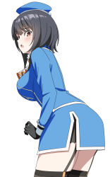 1girl ascot baasaku_(balasaku24) beret black_gloves black_hair black_thighhighs blue_hat blue_skirt blush breasts cowboy_shot gloves hat highres kantai_collection long_sleeves looking_at_viewer miniskirt open_mouth red_eyes skirt solo takao_(kancolle) thigh_strap thighhighs white_ascot white_background