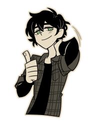 Rule 34 | 1boy, andrew graves, basilcopperhand, black hair, black shirt, bright pupils, collared shirt, green eyes, greyscale, highres, layered sleeves, long sleeves, looking at viewer, monochrome, open clothes, open shirt, plaid clothes, plaid shirt, shirt, short hair, short over long sleeves, short sleeves, simple background, solo, spot color, the coffin of andy and leyley, thumbs up, upper body, white background, white pupils