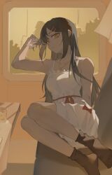 1girl absurdres black_hair black_socks bow breasts closed_mouth dress hair_ornament hairclip highres jewelry long_hair looking_at_viewer medium_breasts mole mole_on_shoulder mole_under_eye necklace no_shoes orange_eyes original red_bow sitting socks solo train_interior user_hrcf4452 white_dress window