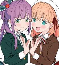 Rule 34 | 2girls, :d, aqua eyes, beret, blush, breasts, brown jacket, closed mouth, collared shirt, commentary request, cropped jacket, crossed bangs, dress shirt, flower, flower hands, flower hands duo, fortune movie (love live!), frilled shirt collar, frills, green eyes, green jacket, hair bun, hair flower, hair ornament, hair ribbon, hat, hinoshita kaho, jacket, link! like! love live!, liz (piyoko piyop), long hair, long sleeves, looking at viewer, love live!, medium breasts, medium hair, multiple girls, neck ribbon, official alternate costume, open mouth, orange hair, otomune kozue, pinstripe jacket, pinstripe pattern, purple hair, red flower, red ribbon, ribbon, shirt, side ponytail, sidelocks, simple background, single side bun, smile, split mouth, two side up, upper body, virtual youtuber, white background, white hat, white shirt