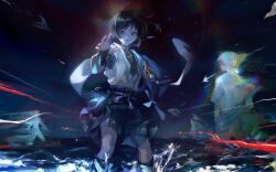 1boy anemo_symbol_(genshin_impact) aqua_gemstone arm_at_side armor bird black_bow black_bridal_gauntlets black_hair black_rope black_shorts blue_kimono blue_sleeves blunt_ends bow bridal_gauntlets eyeliner eyeshadow feathers furisode gem genshin_impact hakama hakama_shorts hamukaeru666 hand_up highres japanese_armor japanese_clothes juban kimono kote kurokote layered_sleeves lens_flare looking_at_viewer makeup male_focus mandarin_collar motion_lines night night_sky niwa_(genshin_impact) open_clothes open_hand open_kimono open_mouth overcast pleated_shorts pom_pom_(clothes) purple_eyes purple_sash red_eyeliner red_eyeshadow rope sash scaramouche_(genshin_impact) short_sleeves shorts silhouette sky tassel vision_(genshin_impact) wading wanderer_(genshin_impact) water white_kimono white_sleeves wispy_bangs yellow_feathers