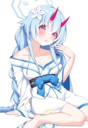 1girl :o arm_at_side bare_shoulders barefoot black_sash blue_archive blue_bow blue_hair blue_halo blunt_bangs blush bow braid breasts center-flap_bangs chise_(blue_archive) collarbone commentary eyes_visible_through_hair fanning_face fanning_self foot_out_of_frame halo hand_up head_tilt highres horns hot japanese_clothes kimono long_hair long_sleeves looking_at_viewer medium_breasts no_bra oni open_mouth red_eyes sash simple_background sitting skin-covered_horns solo sweat tareme twin_braids very_long_hair wariza white_background white_kimono wide_sleeves yamichi_(yamichi8369)
