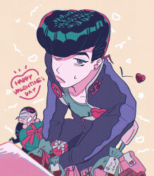 2boys anchor_ornament anchor_symbol black_hair blue_jacket box candy chibi chocolate chocolate_heart diamond_wa_kudakenai drawn_heart drawn_star english_text film_grain food gakuran gift gift_bag green_eyes green_shirt grey_hair halftone happy_valentine heart heart-shaped_box heart-shaped_food heart_ornament higashikata_josuke highres jacket jojo_no_kimyou_na_bouken looking_at_viewer multicolored_eyes multicolored_hair multiple_boys nijimura_okuyasu peace_symbol pompadour red_eyes school_uniform shirt short_hair solo_focus star_(symbol) sweatdrop t_0nd two-tone_eyes two-tone_hair valentine yellow_background