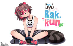 1girl absurdres animal_ears artist_name bandaid bandaid_on_face bandaid_on_nose bare_arms black_bra black_gloves black_shorts black_tail bra bright_pupils brown_goggles brown_hair character_name colored_tips fingerless_gloves full_body gloves goggles goggles_on_head hair_between_eyes head_tilt highres indian_style indie_virtual_youtuber looking_at_viewer midriff multicolored_hair navel own_hands_together raccoon_ears raccoon_girl raccoon_tail raised_eyebrows rakkun_sutaru rakkun_sutaru_(1st_costume) red_eyes red_hair red_shoes shoes short_hair shorts sitting smile sneakers solo streaked_hair striped_clothes striped_shorts striped_tail tail tank_top tomboy two-tone_hair underwear virtual_youtuber white_background white_pupils white_tank_top yonathax