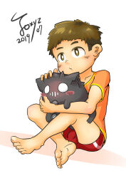 1boy absurdres brown_eyes brown_hair feet highres male_focus original pet shota swimsuit toxyz