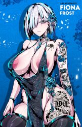 1girl absurdres alternate_breast_size areola_slip arm_tattoo artist_name bare_shoulders black_choker black_thighhighs blue_background blue_flower blue_gemstone blue_rose bracelet breasts butterfly_hair_ornament character_name choker colored_eyelashes cowboy_shot defaultz earrings fiona_frost flower flower_tattoo gem grey_eyes grey_hair hair_flower hair_ornament hair_over_one_eye highres jewelry large_areolae large_breasts leg_tattoo neck_tattoo necklace pearl_necklace pelvic_curtain puffy_nipples revealing_clothes rose short_hair snake_tattoo solo spider_tattoo spy_x_family tattoo thighhighs