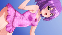 1girl absurdres blue_background breasts cowboy_shot dress_swimsuit frilled_one-piece_swimsuit frills gradient_background heart heart_print highres one-piece_swimsuit original pink_one-piece_swimsuit purple_eyes purple_hair short_hair sideways small_breasts smile solo standing sugimura_tomokazu swimsuit swimsuit_skirt