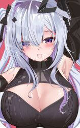 1girl amane_konata armpits asuka_kakizaki bare_shoulders black_halo black_sweater breasts cleavage cleavage_cutout clothing_cutout grey_hair halo highres hololive large_breasts long_hair red_background simple_background solo star_halo sweater two_side_up upper_body virtual_youtuber
