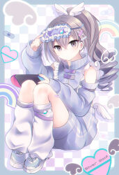 Rule 34 | 1girl, arm up, blue jacket, blue nails, blue shoes, blue sleeves, border, checkered background, closed mouth, commentary request, detached sleeves, grey border, grey eyes, grey hair, hair between eyes, hair ornament, heart, honkai: star rail, honkai (series), jacket, knees up, long hair, long sleeves, looking at viewer, loose socks, mask, mask on head, nail polish, ponytail, puffy long sleeves, puffy sleeves, rainbow, ringlets, shirogane hina, shoes, silver wolf (honkai: star rail), sitting, sleep mask, sleeves past wrists, socks, solo, track jacket, white socks, wing hair ornament, x hair ornament