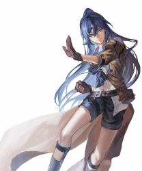 Rule 34 | 1girl, absurdres, alternate costume, ascot, bag, belly, belt, belt bag, black shorts, black socks, blue eyes, blue hair, boots, brown bag, brown belt, brown footwear, brown gloves, brown jacket, brown sleeves, closed eyes, coattails, detective, fu hua, fu hua (hawk of the fog), fu hua (valkyrie accipiter), gloves, grey hair, high ponytail, highres, honkai (series), honkai impact 3rd, jacket, long hair, long sleeves, official alternate costume, open clothes, open jacket, ponytail, purple ascot, senrikiou, shirt, shoes, shorts, simple background, socks, solo, thighs, white background, white shirt