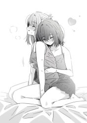 2girls bare_arms bare_legs barefoot blush braid breath camisole closed_mouth commentary_request french_braid grabbing_another&#039;s_breast grabbing_from_behind greyscale groping heart highres long_hair lwmina70119 miyagi_shiori monochrome multiple_girls parted_lips seiza sendai_hazuki short_hair shuuniichido_classmate_wo_kau_hanashi sitting sweat yuri