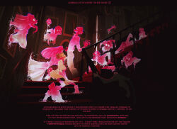 arched_back bottomless braid breasts cum cum_in_mouth doll english_text fellatio ghost glasses hair_bun hanging_breasts head_grab highres incase jester_costume kneeling long_tongue monster oral original picture_frame red_hair round_eyewear stairs through_wall tongue white_eyes