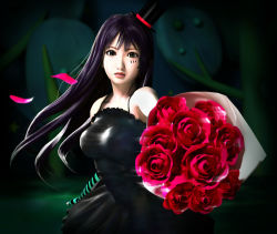 00s 1girl 3d akiyama_mio black_eyes black_hair breasts don&#039;t_say_&quot;lazy&quot; dress facepaint female_focus flower hat k-on! long_hair mini_hat mini_top_hat petals rose solo striped takafusa top_hat