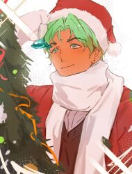 Rule 34 | 1boy, brown vest, christmas, christmas ornaments, christmas tree, coat, cove holden, dolphin ornament, green eyes, green hair, hat, holding ornament, male focus, mittens, our life: beginnings and always, red coat, santa hat, scarf, smile, solo, sparkle, sparkling eyes, upper body, vest, white mittens, white scarf, xrsjbz