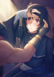 2boys black_hair black_robe blush closed_mouth fire_emblem fire_emblem:_radiant_dawn highres ike_(fire_emblem) indoors male_focus medium_hair mochi88543 multiple_boys muscular muscular_male nintendo on_chair red_eyes robe sitting soren_(fire_emblem) yaoi
