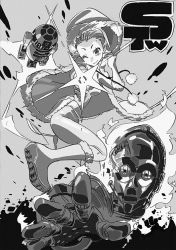 1girl aiming aiming_at_viewer android animification astromech_droid battle belt boots c-3po cape damaged energy_gun firing flying gloves greyscale gun handgun holster jumping monochrome one_eye_closed padme_amidala parka r2-d2 ray_gun robot science_fiction smile snow star_wars star_wars:_the_clone_wars sushio weapon