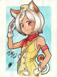 10s 1girl animal_ears brown_hair cat_ears chou_megami_shinkou_noire_gekishin_black_heart closed_eyes english_text female_focus flight_attendant flight_cattendant gloves hair_ornament hand_on_own_hip hat highres isaki_tanaka monster_hunter_(series) monster_hunter_x moruu neptune_(series) pun short_hair signature smile solo tail traditional_media travel_attendant white_hair