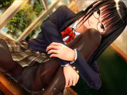 Rule 34 | 1girl, ano hito, black hair, black jacket, bow, bowtie, brown eyes, brown skirt, chalkboard, classroom, commentary request, dutch angle, glasses, head tilt, hugging own legs, jacket, miniskirt, original, panties, panties under pantyhose, pantyhose, pantyshot, plaid clothes, plaid skirt, pussy bulge, red bow, red bowtie, school uniform, sitting, skirt, smile, solo, tree, underwear, window