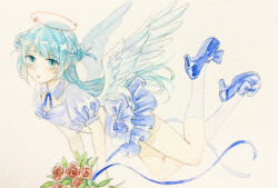 1girl angel angel_wings blouse blue_bow blue_eyes blue_hair blue_ribbon blue_shirt blue_skirt bouquet bow detached_collar double_bun feathered_wings flower flying hair_bun halo high_heels holding holding_flower kneehighs long_hair mmo_07 open_mouth original painting_(medium) red_flower red_rose ribbon rose shirt simple_background skirt socks solo traditional_media watercolor_(medium) wings