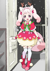 1girl :d ahoge animal_ears antlers boots bow bracelet brooch capelet collared_capelet delicious_party_precure doorway fake_antlers fox_ears fox_girl fox_tail full_body green_ribbon hair_bow hair_intakes heart heart_brooch highres horns jewelry kome-kome kome-kome_(human) long_hair looking_at_viewer neck_ribbon open_door open_mouth pink_boots pink_bow pink_capelet pink_eyes pink_hair pink_skirt pov_doorway precure reindeer_antlers ribbon shirt skirt smile solo tail teeth thighhighs twintails two-tone_skirt upper_teeth_only white_thighhighs yakizakana10967 yellow_shirt yellow_skirt