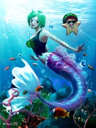 1girl bubble camie_(one_piece) clownfish commentary_request coral fish full_body green_hair hat highres jewelry mermaid monster_girl necklace one_piece open_mouth oregano551 pappug profile short_hair smile starfish sunglasses swept_bangs tank_top twitter_username underwater